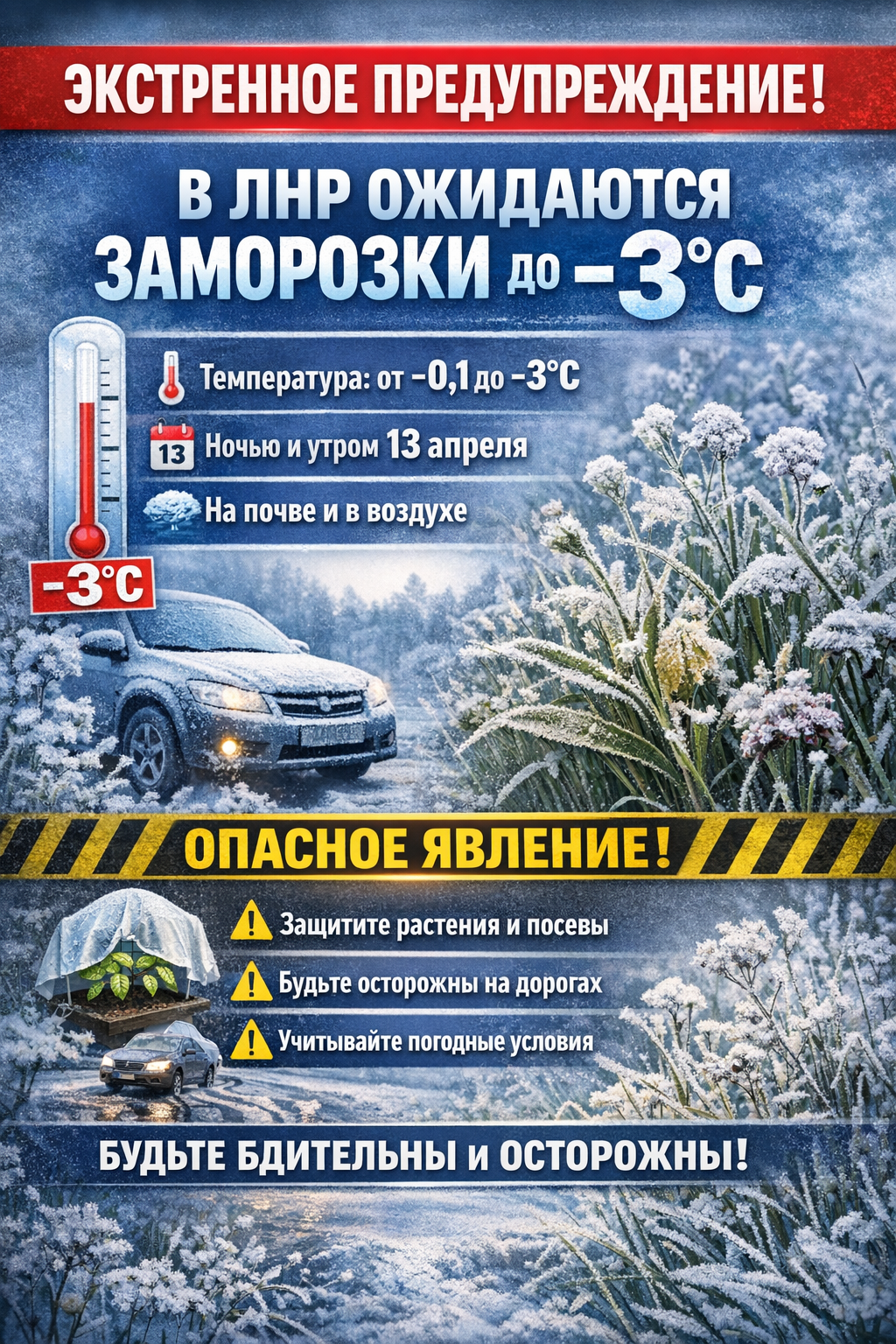 Экстренное предупреждение: в ЛНР ожидаются заморозки до -3°C